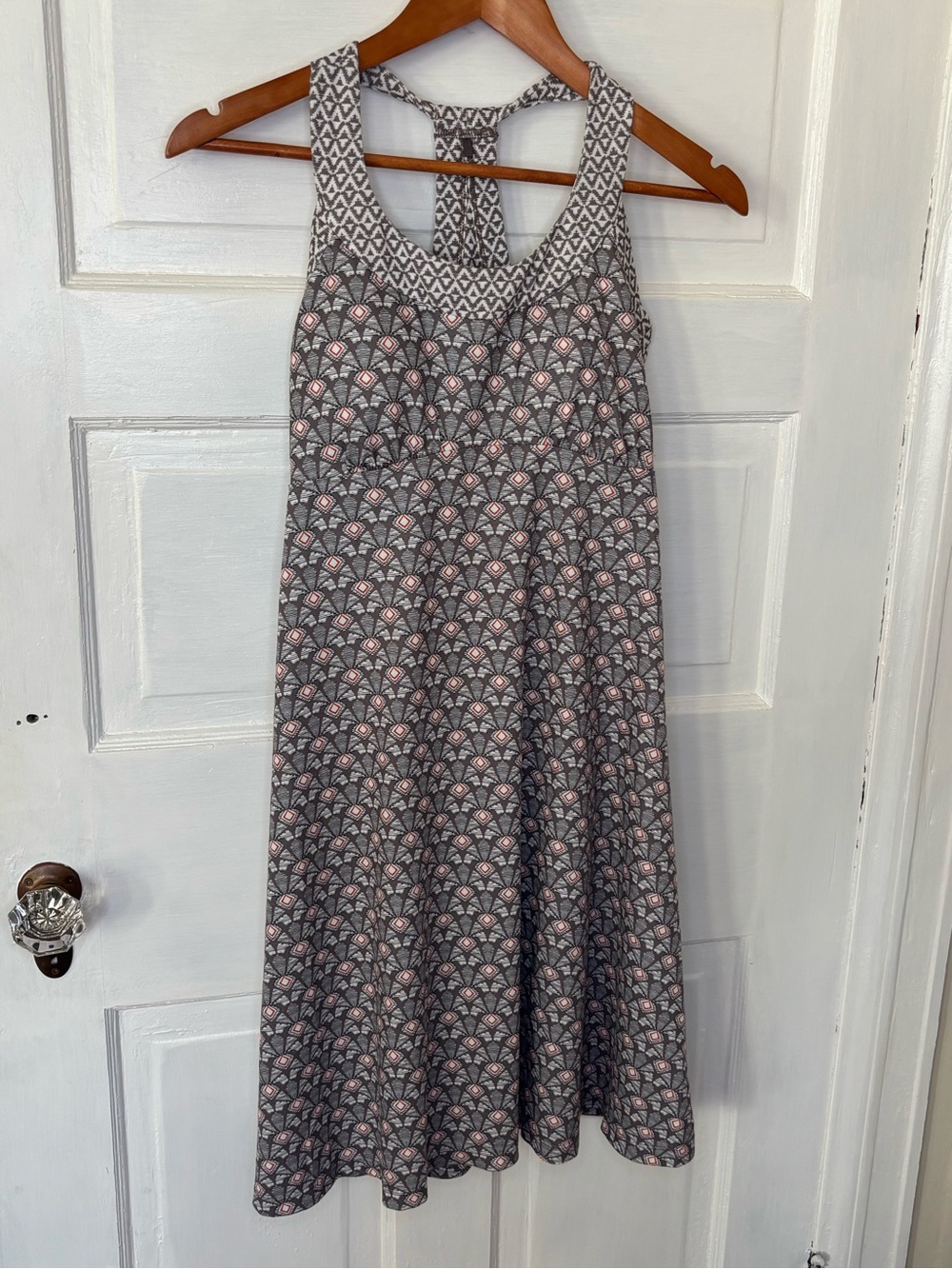 Prana Cali Racerback Dress in Earthtone Geometric Pattern & Built-in Shelf Bra